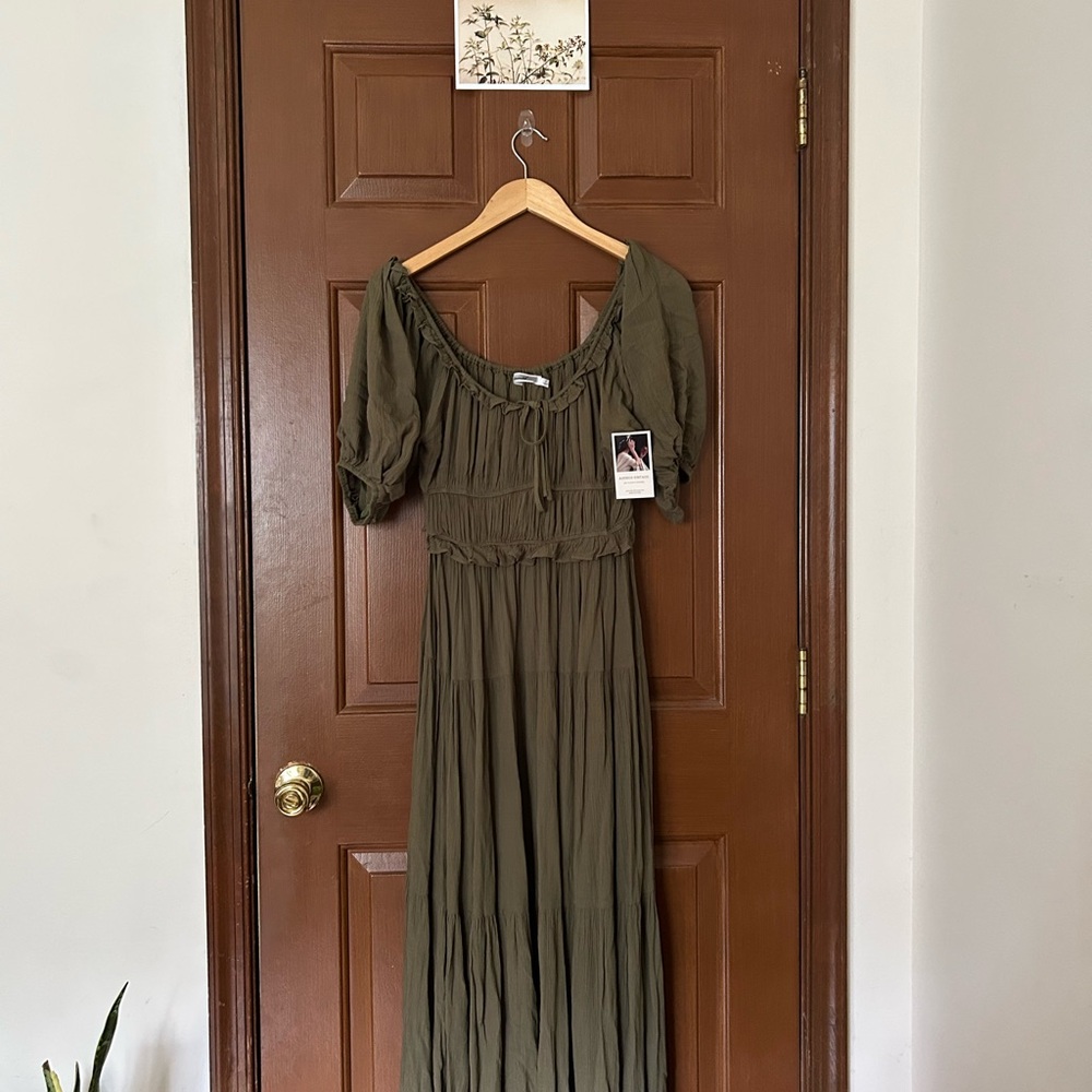 Adored Vintage Olive Green Maxi Peasant Dress